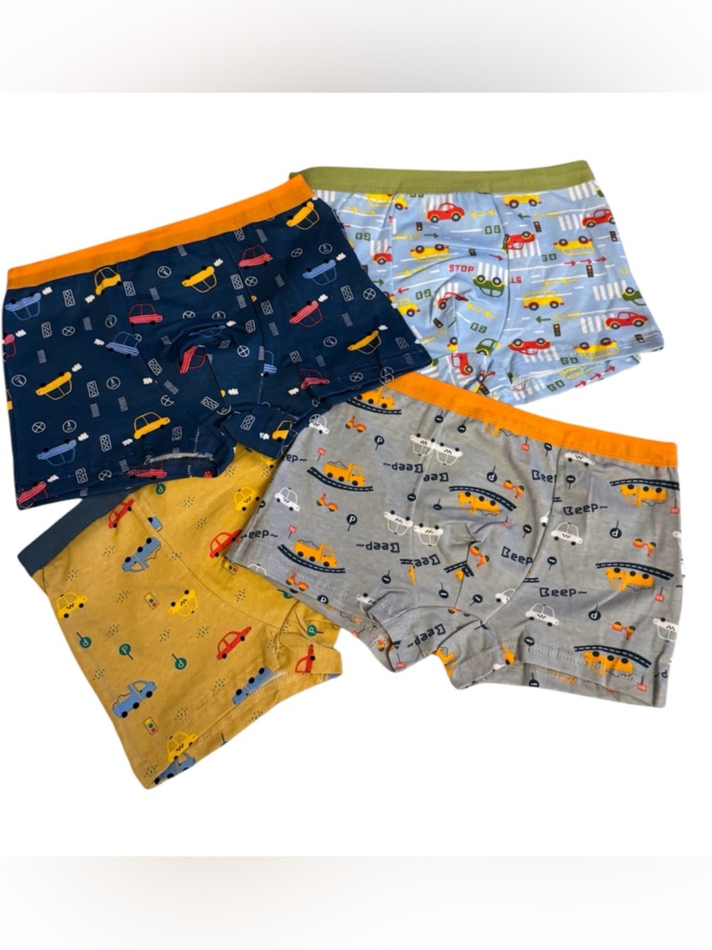 Kids' Car-Print Cotton Boxer Briefs - Assorted Blue, Gray, Yellow, Navy